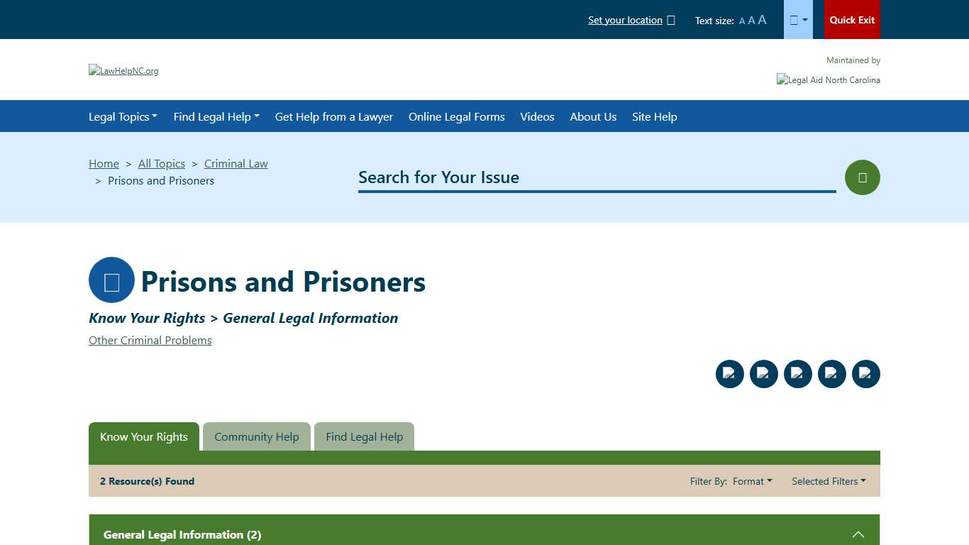 General Legal Information - Know Your Rights - Prisons and Prisoners - Criminal Law Welcome to LawHelpNC.org A guide to free and low cost legal aid, assistance and services in North Carolina