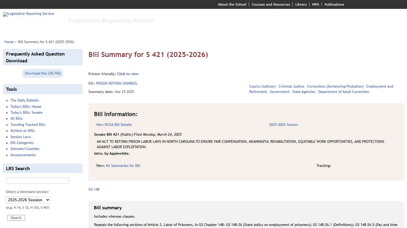 Bill Summary for S 421 (2025-2026) Legislative Reporting Service